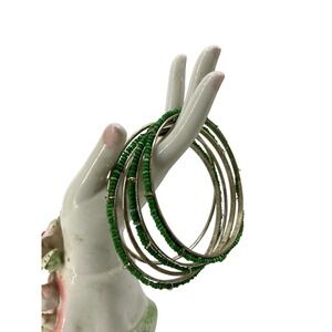Vintage Green Seed Bead Silver Tone Stackable Bangle Bracelet Set 5 Piece Boho